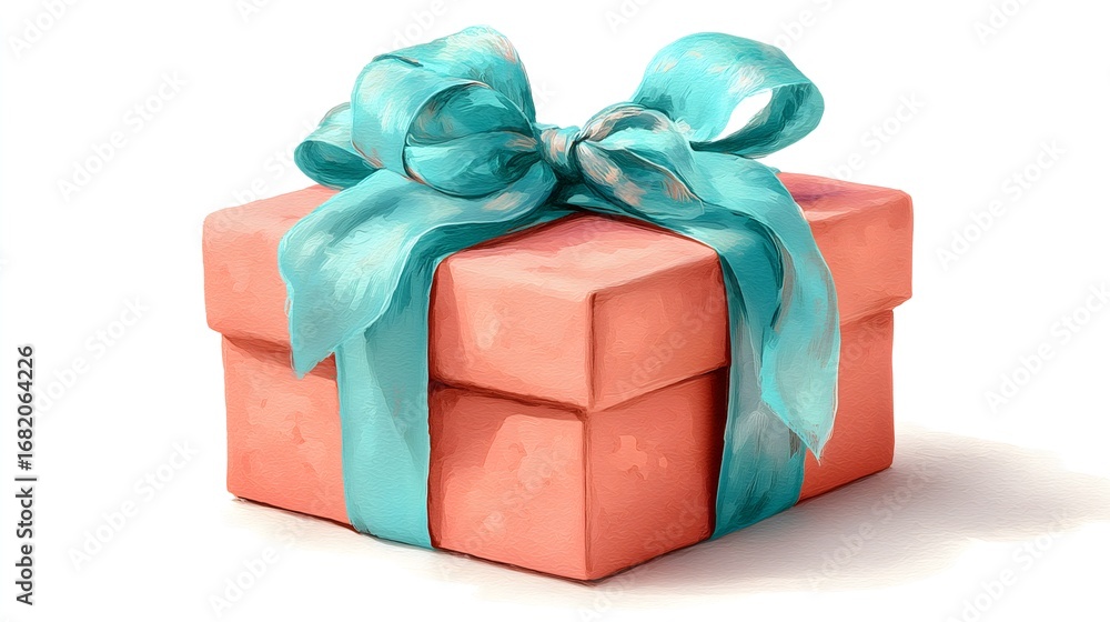 Obraz premium Bright coral pink pastel gift box with a teal ribbon making a cheerful statement in any setting