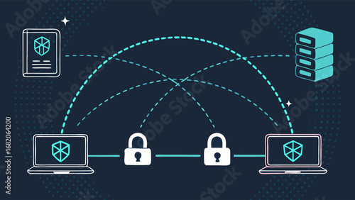 Flat-lay illustration of secure data transfer between devices, depicting laptops, smartphones, and servers, showcasing a teal and