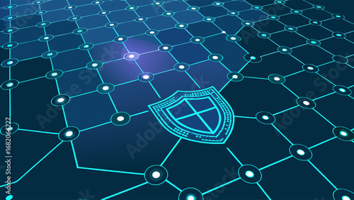 Cybersecurity shield digital network protection concept; isometric view, glowing teal and blue color scheme, against a dark grid