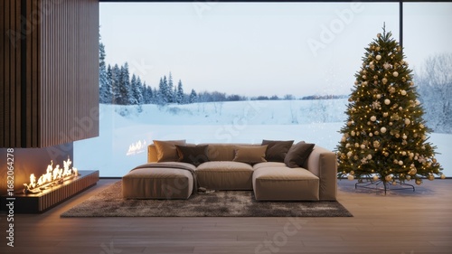 Fototapeta Naklejka Na Ścianę i Meble -  A cozy living room with a christmas tree and fireplace, showcasing a modern interior design with a winter landscape view through the window