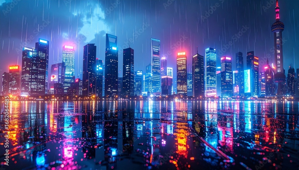 Fototapeta premium Futuristic Cityscape in Rain