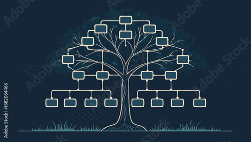 A stylized family tree illustration, depicted as a minimalist line drawing with blank photo frames, conveying a calm and contemplative