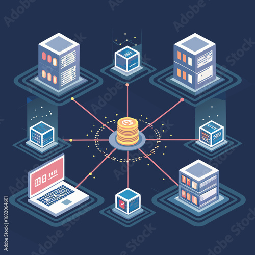 Isometric illustration of a decentralized network with data centers, a central database, and a laptop, showcasing a secure data system