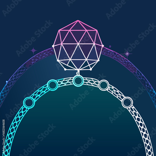 Abstract geometric design: a pink and teal wireframe sphere above interconnected rings against a dark blue background, rendered in a