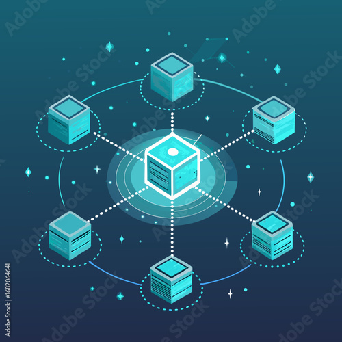Isometric illustration of a central data cube connected to six orbiting data cubes, depicting a network, with a teal color scheme