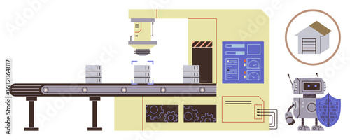Conveyor belt transferring stacked barrels under robotic arm in smart factory. Robot with shield iconifying security. Warehouse illustration. Ideal for automation, industry, technology, production