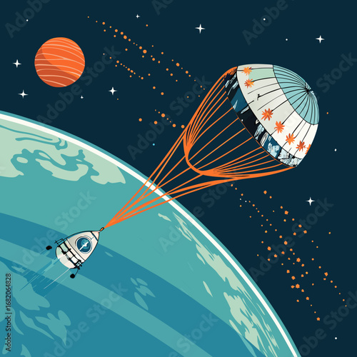 Retro-style illustration of a spacecraft descending to Earth via parachute, featuring a planet and stars in a dark blue space