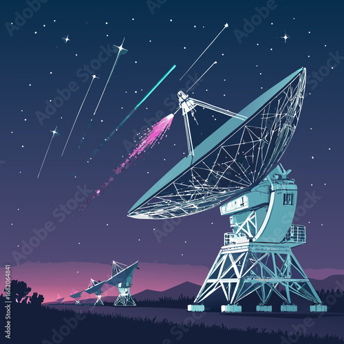 Night sky illustration of a large radio telescope array detecting a meteor shower, flat vector style with teal and purple tones,