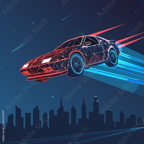 Retro futuristic sports car, low-poly style, flying over a city skyline at night, with vibrant blue and red color accents, digital art