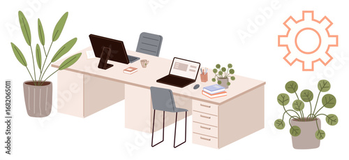 Dual workstation setup featuring computers, chairs, stacked books, coffee cups, indoor plants, and a cogwheel graphic. Ideal for productivity, teamwork, organization technology work-life balance