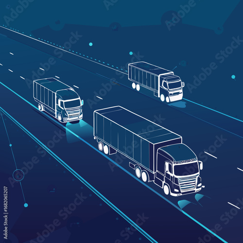 Three autonomous trucks driving on a highway at night, depicted in a flat, vector illustration style with cool blue tones and glowing