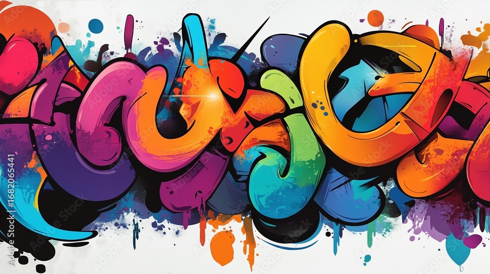 Naklejka premium A dynamic and colorful abstract graffiti art design featuring flowing shapes and vibrant hues of purple, orange, green, and blue, with paint splatters, ideal for a street art background.