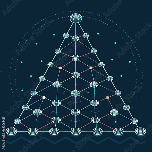 Abstract network graphic illustration, triangular structure with interconnected nodes, flat design, teal and dark blue color palette,