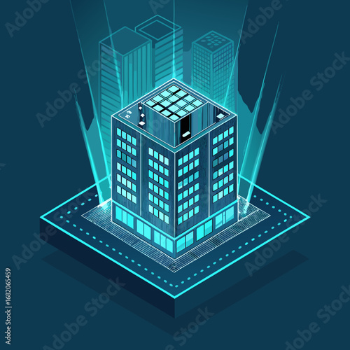 Isometric illustration of a futuristic smart building glowing with cyan light, sitting atop a computer chip against a dark blue