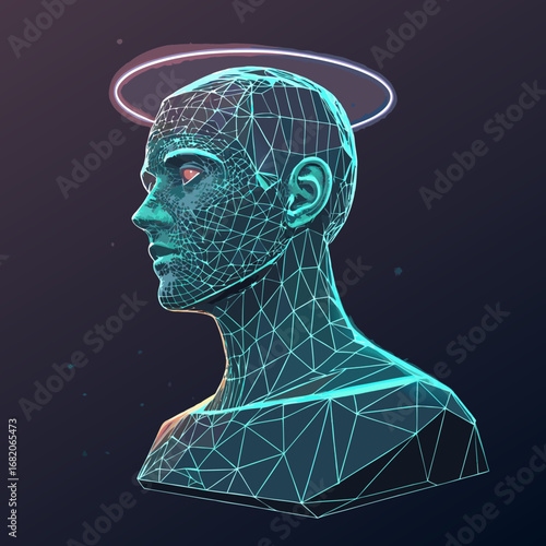 Low-poly bust of a man's head, glowing halo, profile view, teal and purple hues, against a dark background, digital art illustration.