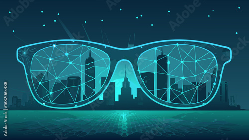 Futuristic teal glasses reflecting a cityscape skyline at night, digital art illustration, showcasing a network connection concept.