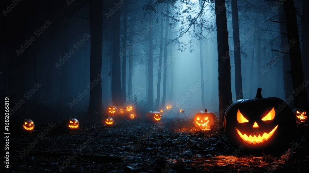 Naklejka premium Spooky Halloween Jack-o'-lanterns in a Foggy Forest