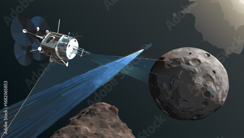 Digital illustration of a spacecraft scanning an asteroid, close-up view showing detailed surface textures and a cool blue light beam