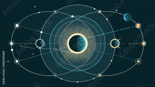 Detailed illustration of a solar eclipse with planets orbiting, showing celestial mechanics in a dark teal color scheme against a