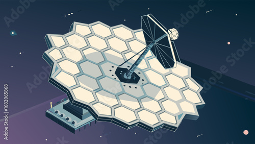 Isometric illustration of the James Webb Space Telescope observing deep space, featuring a hexagonal mirror design against a dark