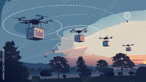 Four delivery drones carrying packages in flight, aerial view, dusk, conveying efficiency and technological advancement, against a