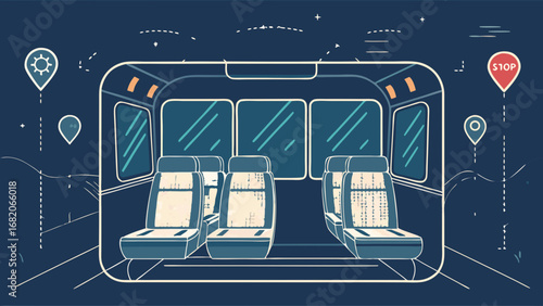 Line art illustration of an empty shuttle bus interior with six passenger seats, showcasing a modern transportation design against a