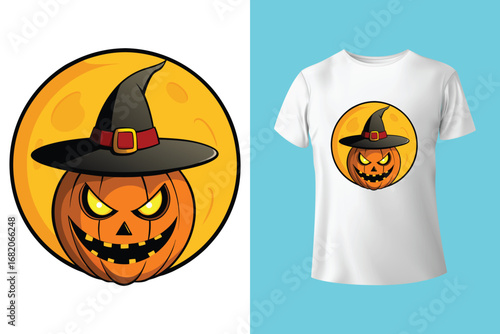 Black t shirt with happy halloween witch design in red and white colors