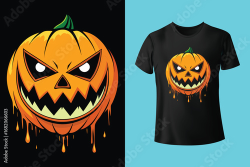 Black t shirt with happy halloween witch design in red and white colors