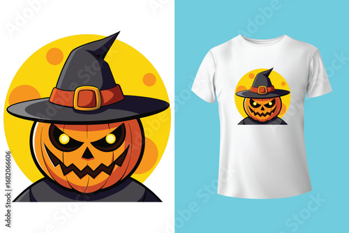 Black t shirt with happy halloween witch design in red and white colors