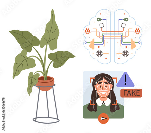 Potted leafy plant on stand, neural network with circuits and gears, facial recognition alert identifying fake content. Ideal for technology, AI ethics, deepfake concerns, data security, innovation