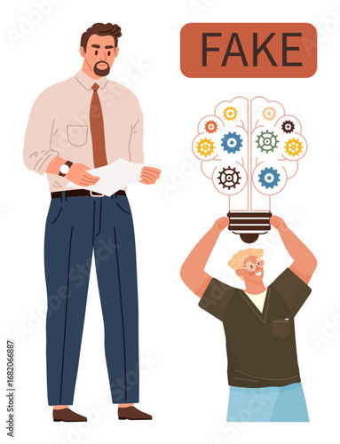 Man reading paper while another man holds lightbulb with cogs, implying fraud or stolen ideas. Ideal for innovation ethics, theft, plagiarism, education, technology fraud, creativity, originality