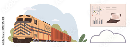 Freight train on tracks with cargo wagons, graph analytics on a laptop screen, abstract cloud. Ideal for logistics, transportation, supply chain, big data, technology, optimization innovation