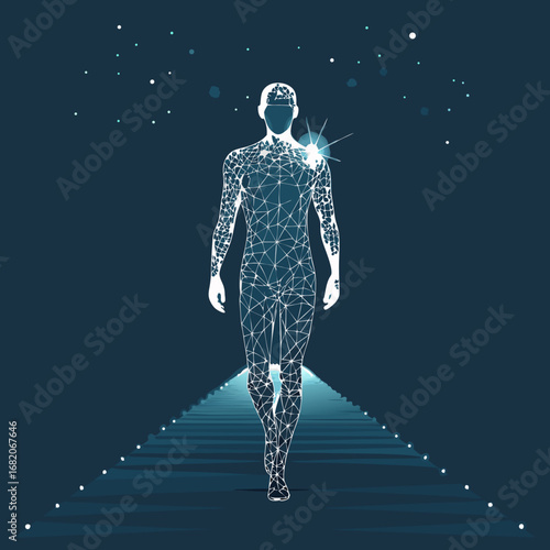 Abstract illustration of a person walking up a glowing staircase towards a bright light, depicted in a low-poly style with a cool,