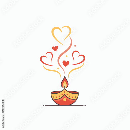 A red and gold diya with a flame emitting stylized smoke hearts and dots on a white background
