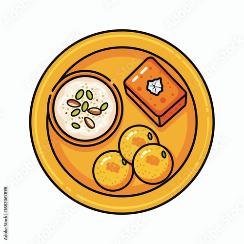 A cartoon of a round yellow plate containing a white bowl with nuts an orange rectangular sweet and three round yellow sweets
