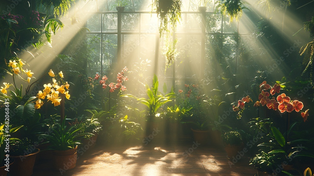 Obraz premium Greenhouse With Blooming Flowers And Lush Plants