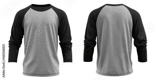 Gray long-sleeve t-shirt with black raglan sleeves and neckline.  Front and back views