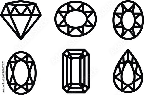 Diamond and Gemstone Line Art Vector Illustration Set. Outline Icons of Various Jewelry Shapes, including Brilliant, Oval, Emerald, and Pear Cuts.