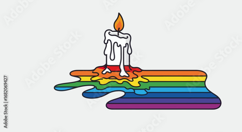 A white melting candle with a burning flame dripping wax onto a colorful rainbowstriped puddle on a light grey background
