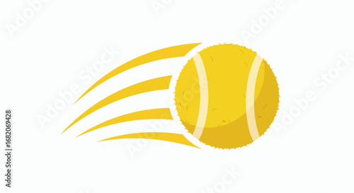 A vibrant yellow fuzzy tennis ball with white seams is shown moving across a white background accompanied by yellow motion lines