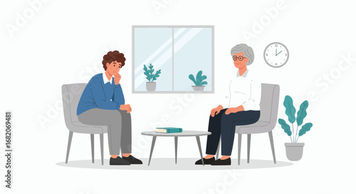 A younger man and an older woman sit facing each other in a room with a table window and plants