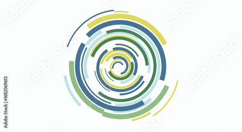 Abstract spiral pattern formed by concentric arcs in shades of blue green and yellow on a white background