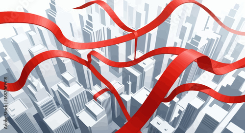 Aerial view of a stylized city with white and grey buildings featuring multiple flowing red ribbons weaving above the structures