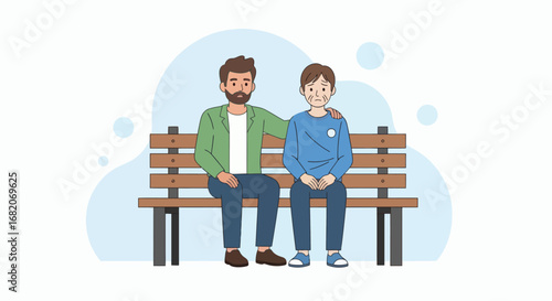 An older man comforts a sad injured younger man sitting on a park bench