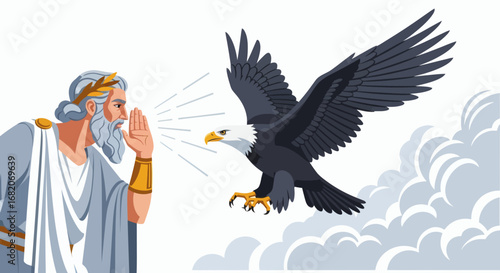 Bearded man in ancient robe and wreath shouts towards a majestic flying eagle over stylized clouds