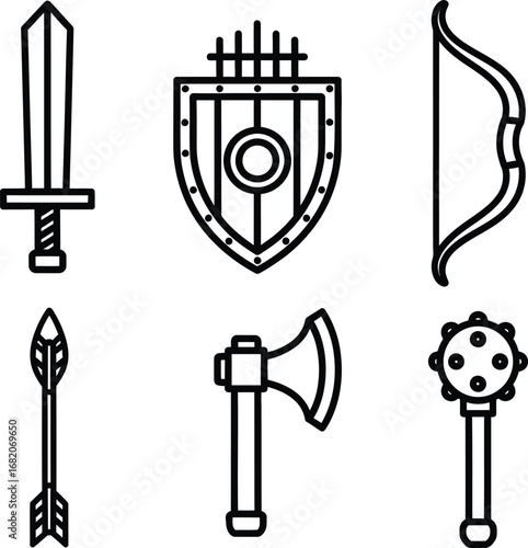 Medieval Fantasy Weapons Line Art Vector Illustration Set. Outline Icons of a Sword, Shield, Bow, Axe, and Mace. Historical Armor and Combat Elements.