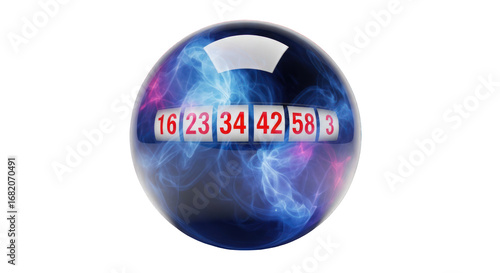 Lottery Ball with Winning Numbers Inside a Spherical Glass Dome on Black Background