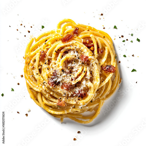 Delicious spaghetti carbonara with crispy pancetta and grated parmesan cheese, a classic Italian pasta dish