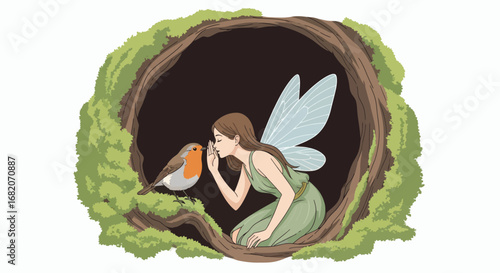 Fairy with blue wings whispers to a robin inside a mossy tree trunk opening