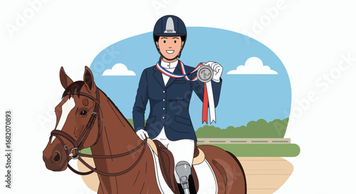 Female equestrian on a brown horse smiling and holding a silver medal with a patriotic ribbon against an outdoor background